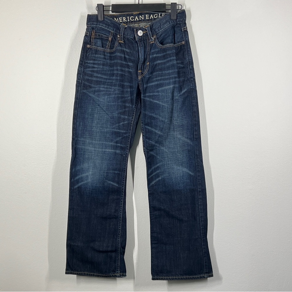 American Eagle Low Rise size 26/28 Blue Jeans Wide Leg Boot Cut zip up.